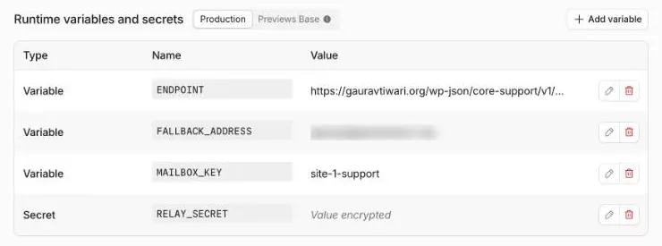 Relay Worker variables: ENDPOINT, FALLBACK_ADDRESS, MAILBOX_KEY and an encrypted RELAY_SECRET