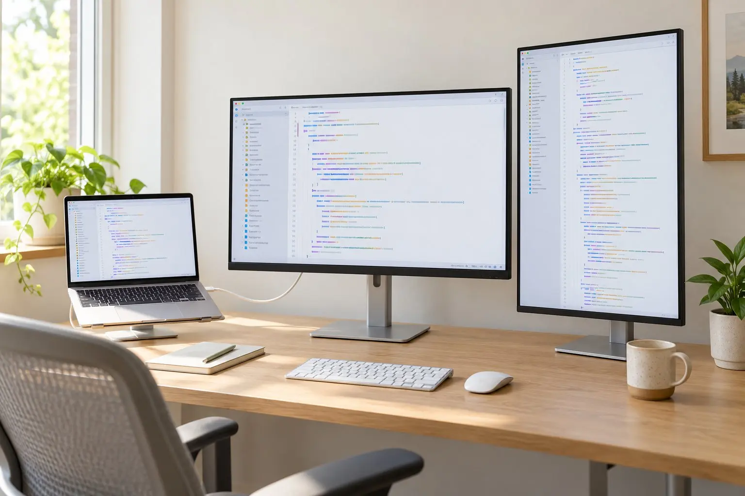 Coding desk with a laptop connected to a 27-inch 4K monitor by one USB-C cable and a second monitor rotated to portrait
