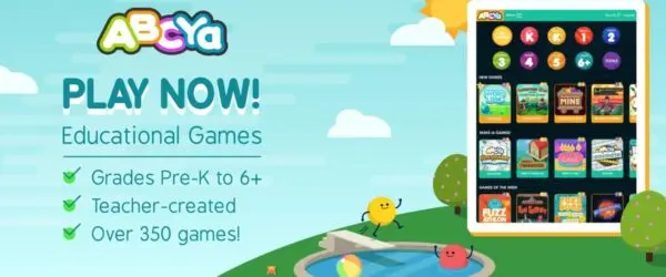 ABCya banner showing educational games for grades pre-K to 6