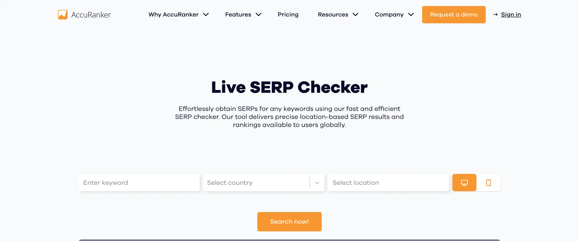 AccuRanker Live SERP Checker form with keyword, country, location and desktop or mobile options