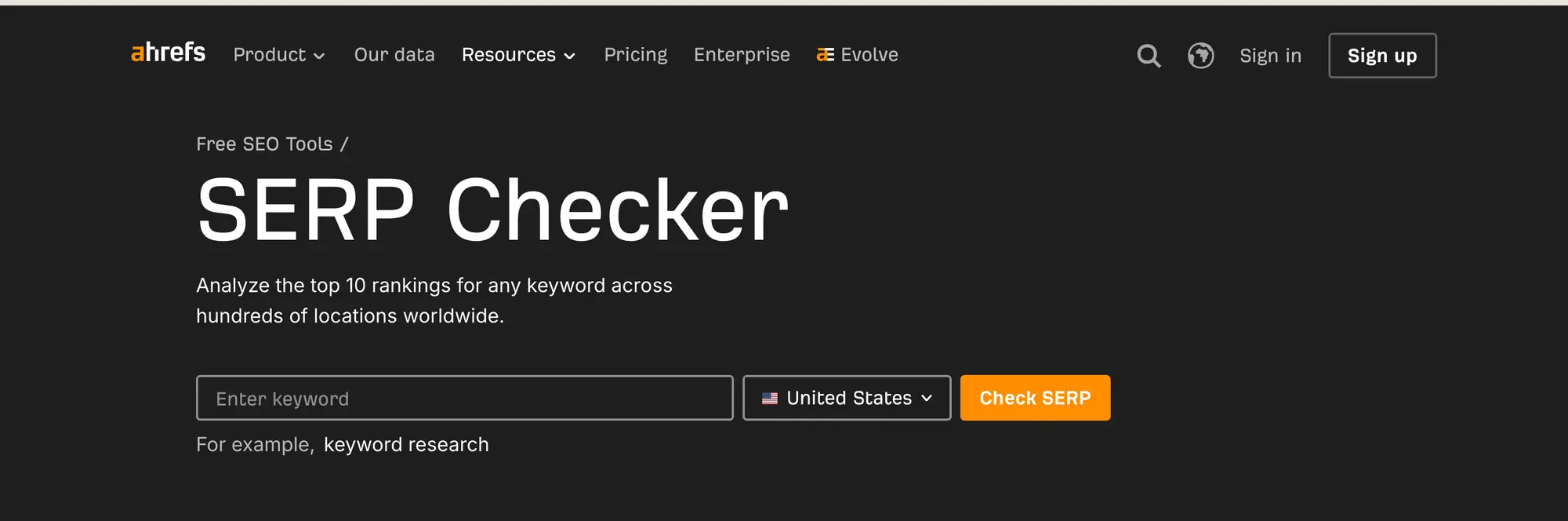 Ahrefs free SERP Checker form for analyzing the top 10 rankings for a keyword and country