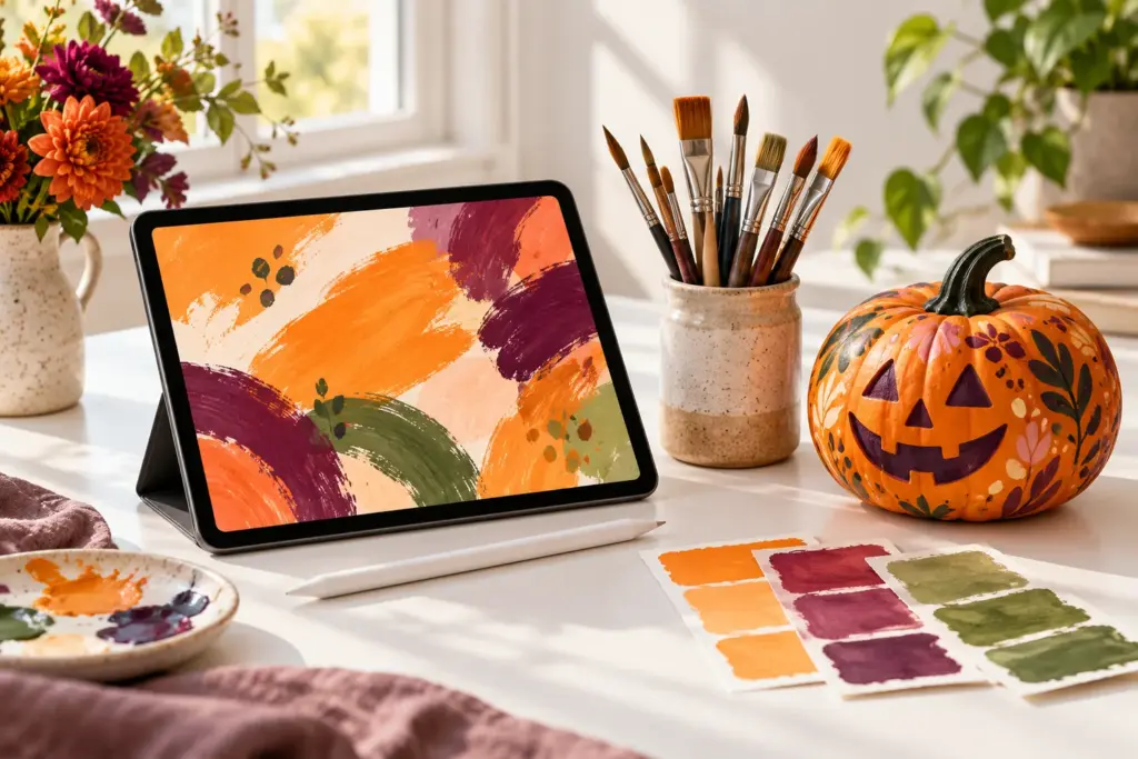 Tablet with a stylus showing an abstract autumn painting, next to paintbrushes, color swatches and a hand-painted jack-o'-lantern