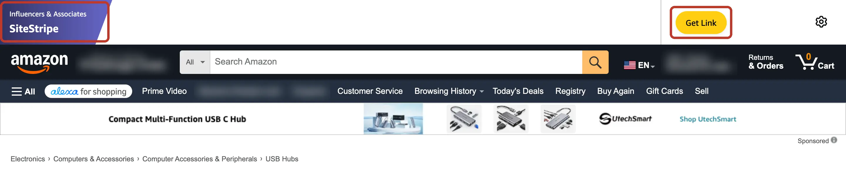 Amazon SiteStripe bar at the top of a product page with the Get Link button highlighted