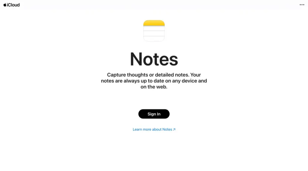 Apple Notes on iCloud web with a sign-in prompt