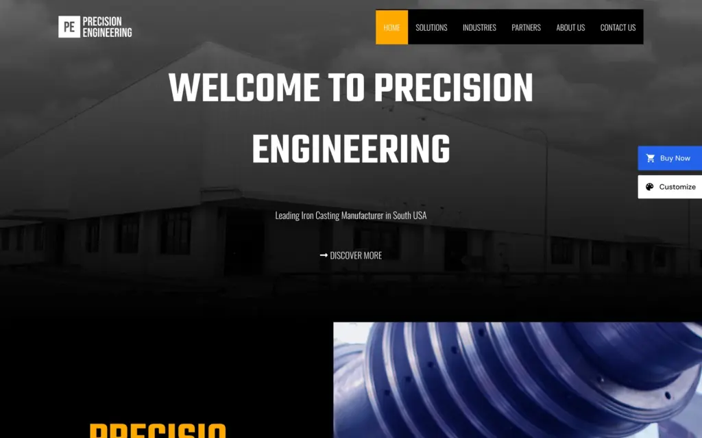 Astra's Manufacturing template demo for a precision engineering company, with a dark factory photo and a Solutions and Industries menu