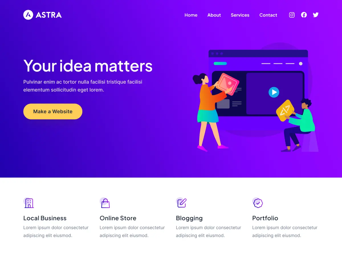 Astra official preview with a purple hero, illustrated website graphic and four site-type columns