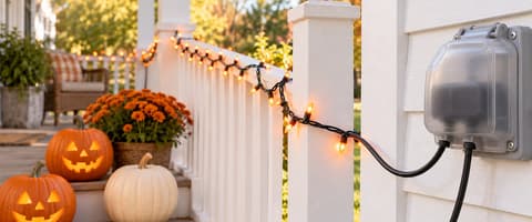 Outdoor smart plug inside a closed in-use weatherproof cover on a porch wall, powering orange string lights on a white railing beside carved jack-o-lanterns