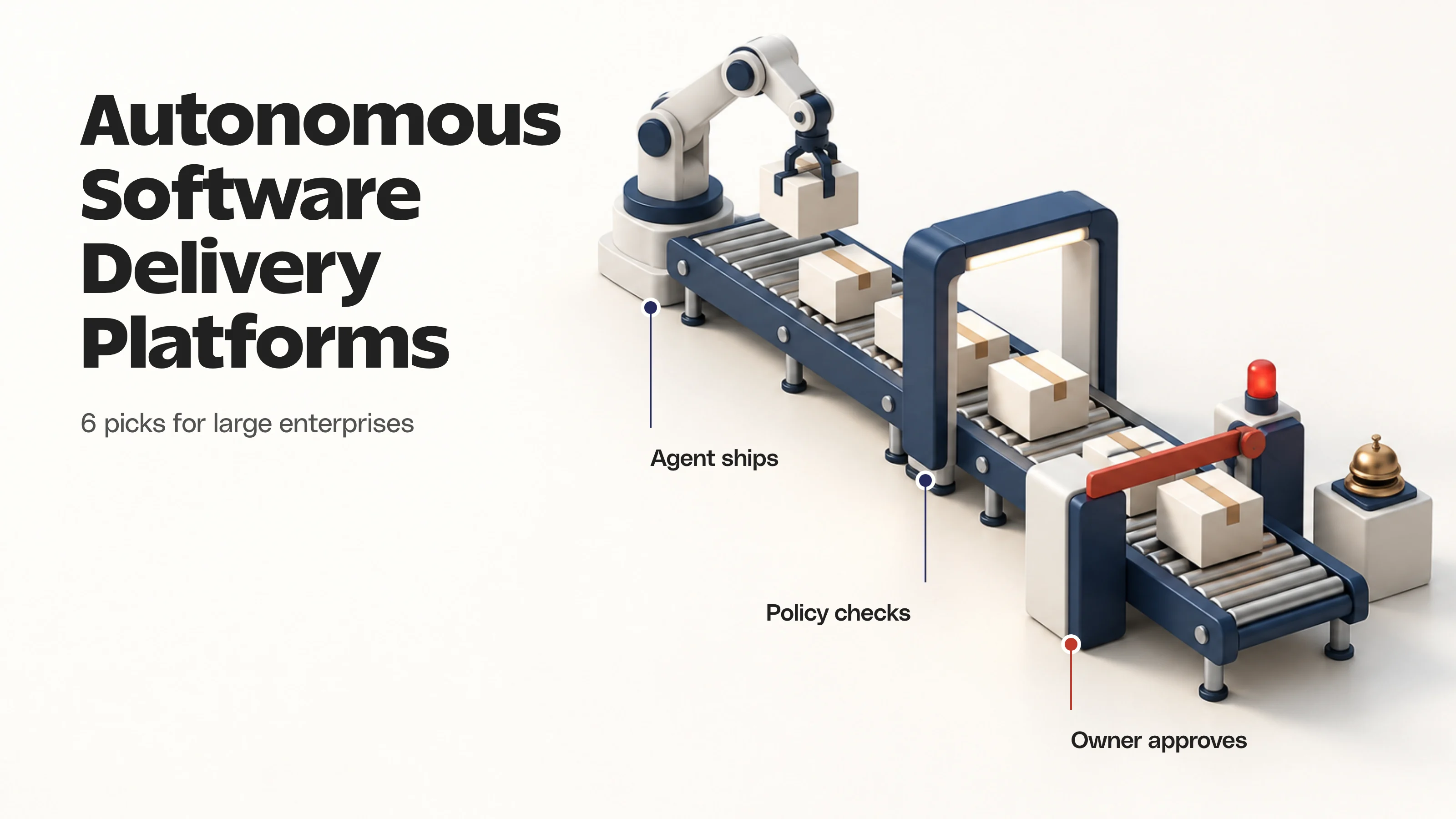 Isometric delivery line where a robotic arm loads parcels, a scanning arch checks them and a red barrier gate holds the last parcel for an owner's approval