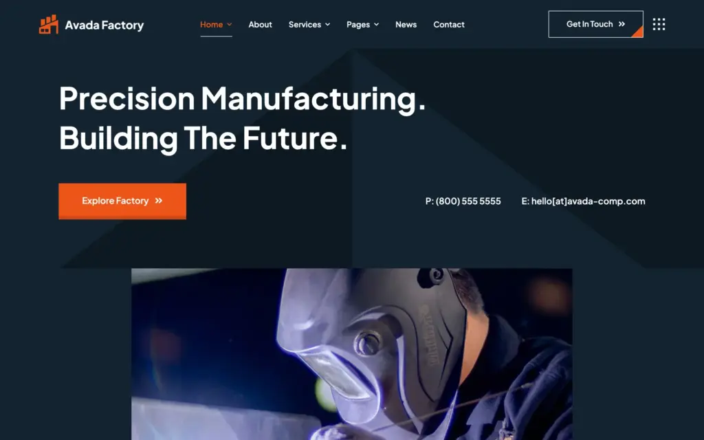 Avada Factory demo with a dark hero reading Precision Manufacturing, Building The Future and an orange Explore Factory button