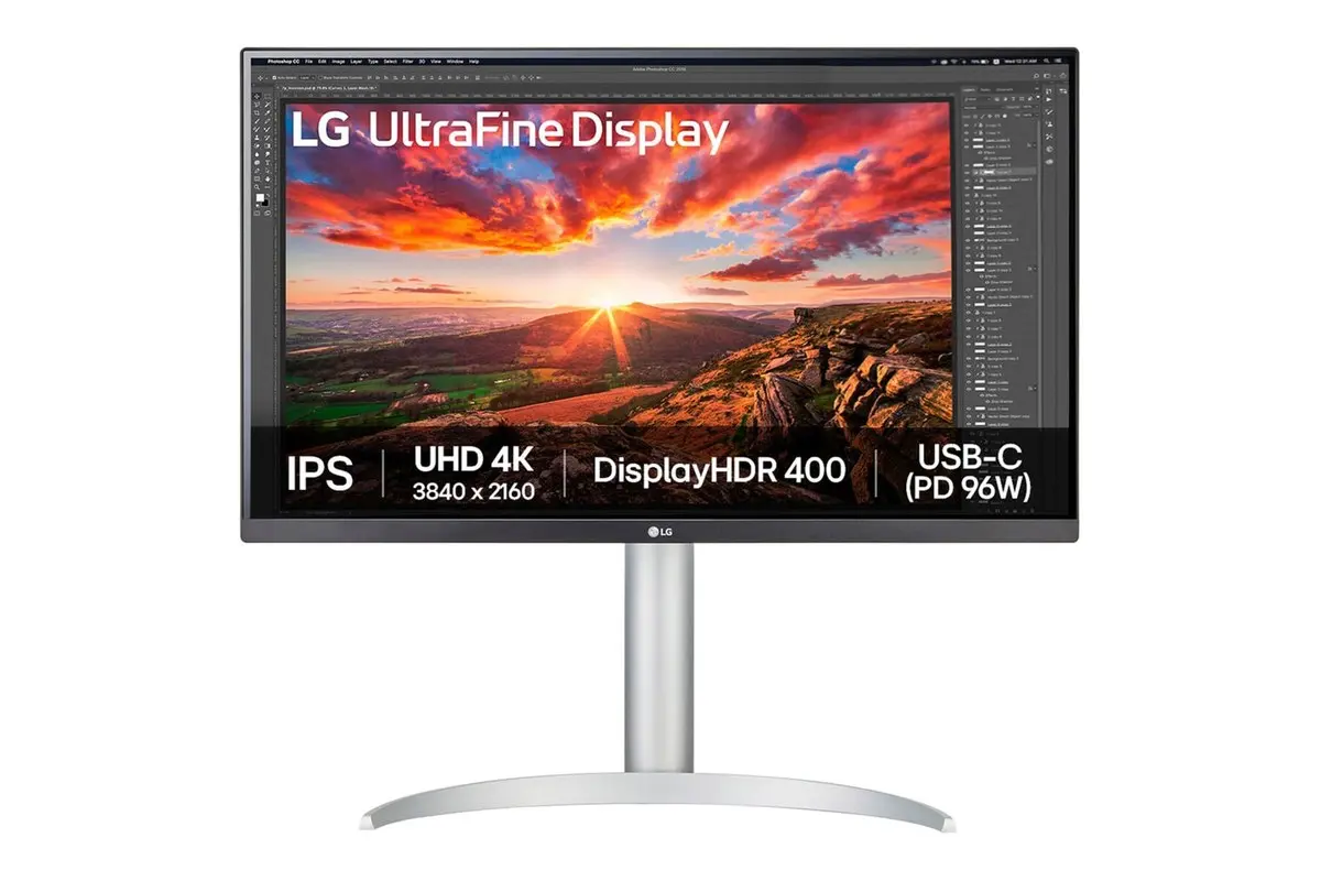 LG 27UP850K-W 27-inch 4K USB-C monitor with a curved silver stand base