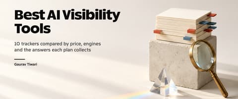 Stack of index cards with red and blue citation tabs, a brass magnifying glass and a glass prism beside the title Best AI Visibility Tools