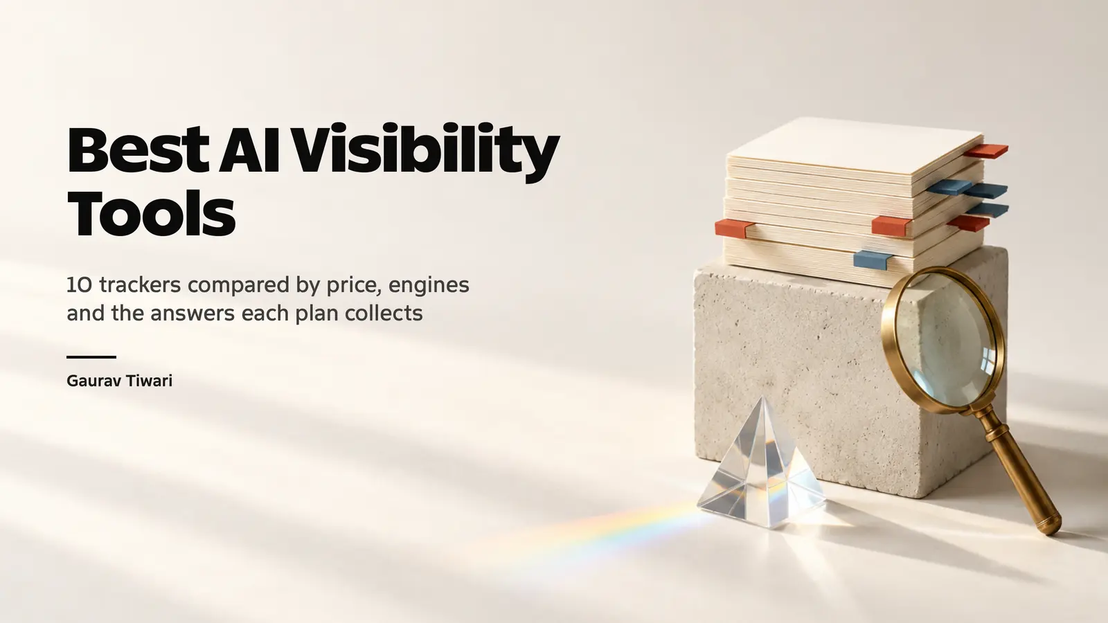 Stack of index cards with red and blue citation tabs, a brass magnifying glass and a glass prism beside the title Best AI Visibility Tools