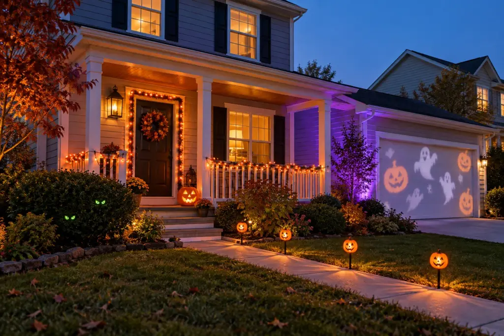 Front porch at dusk with orange string lights on the railing and door frame, a ghost and pumpkin projection on the garage door, glowing eyes in a shrub and pumpkin stake lights along the walkway