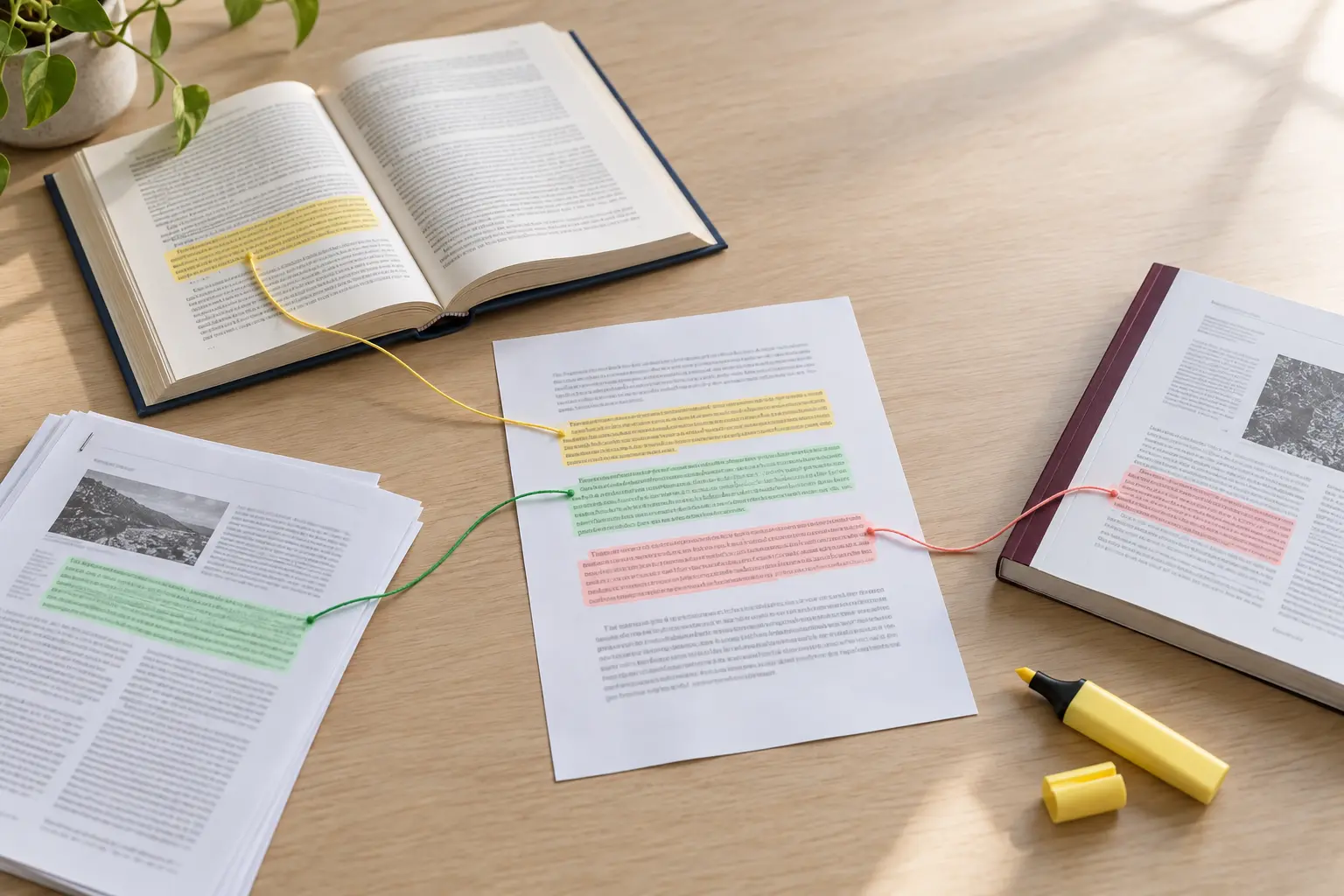 Printed essay draft with three highlighted passages linked by colored threads to a book, a printed web article and a journal they match