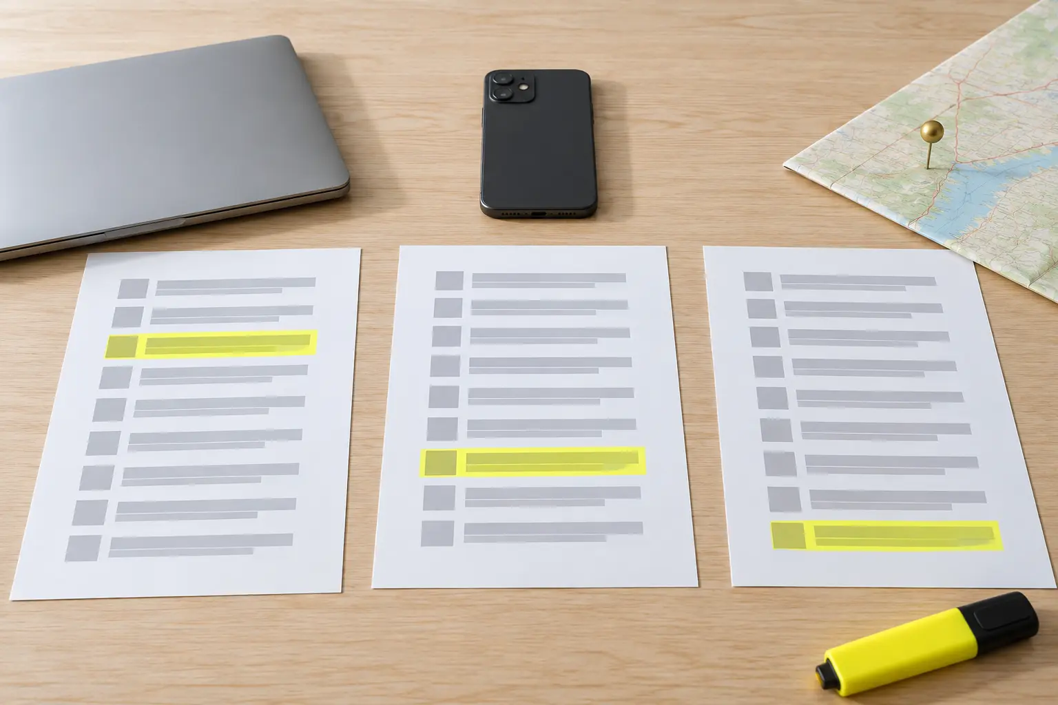 Three printed search result pages with the same highlighted result at third, seventh and ninth place, beside a laptop, a phone and a map pin