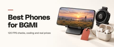 Best Phones for BGMI: a flagship phone in landscape on a stand with a clip-on cooling fan and earbuds