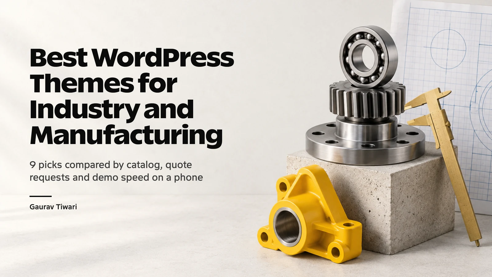 Best WordPress Themes for Industry and Manufacturing title beside a stack of machined steel parts, a yellow casting, a caliper and a blueprint sheet