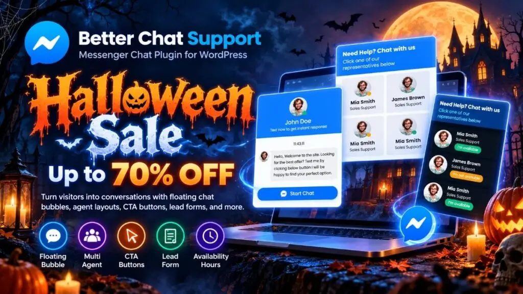 Better Chat Support Halloween sale banner advertising up to 70% off.