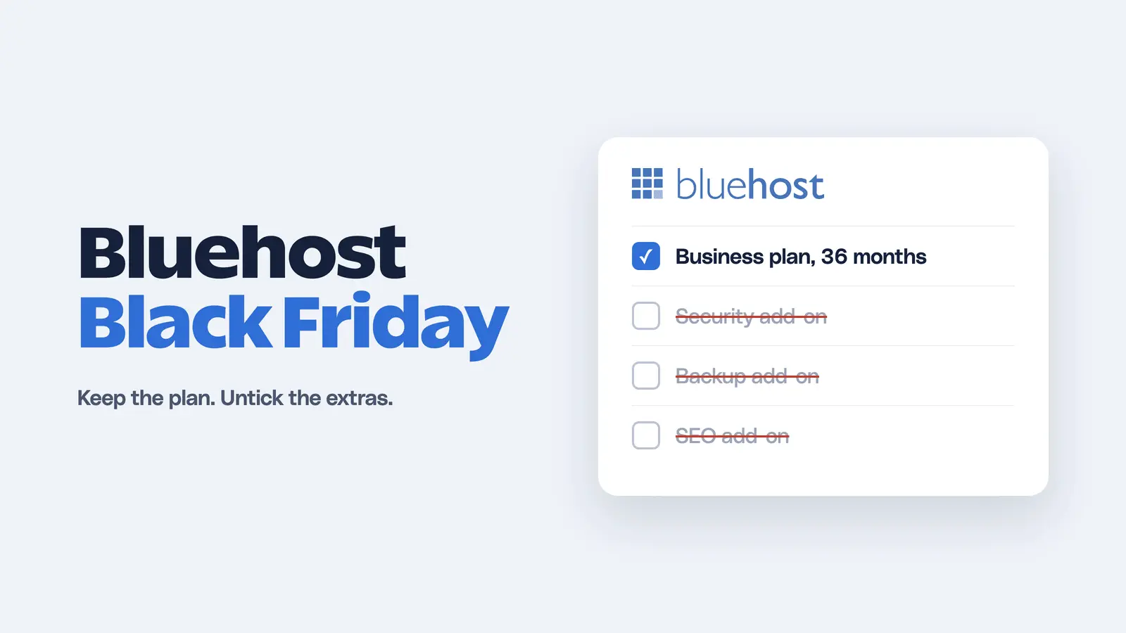 Bluehost checkout with the plan kept and three paid add-ons unticked