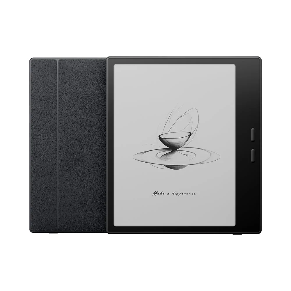 BOOX Go 7 7-inch E Ink Android reader with physical page-turn buttons, shown in its folio cover