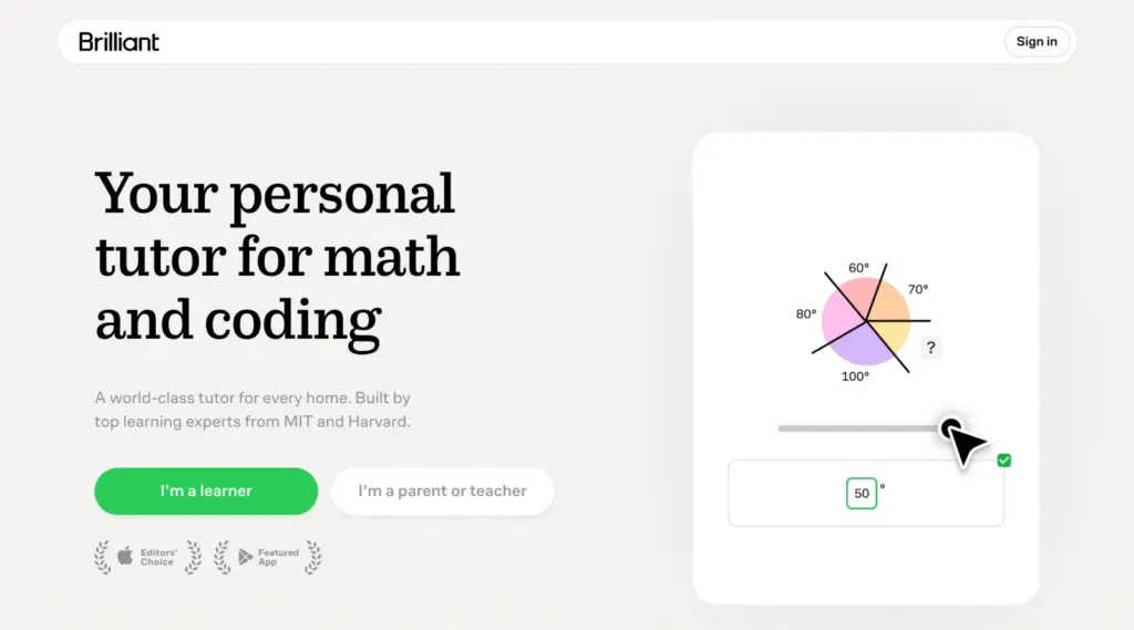 Brilliant homepage showing its personal tutor for math and coding with an interactive angle problem