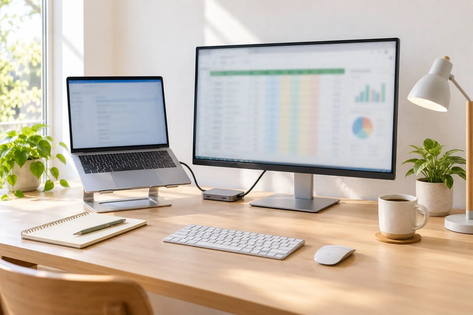 Budget work-from-home desk with a laptop raised on a stand, a USB-C dock, an external monitor showing a spreadsheet, a lamp, keyboard and mouse