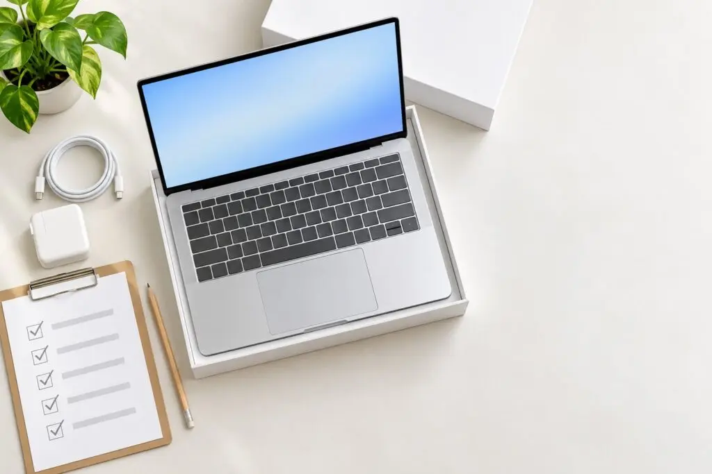 A new silver laptop half out of its box beside a charger, cable and a ticked checklist on a clipboard