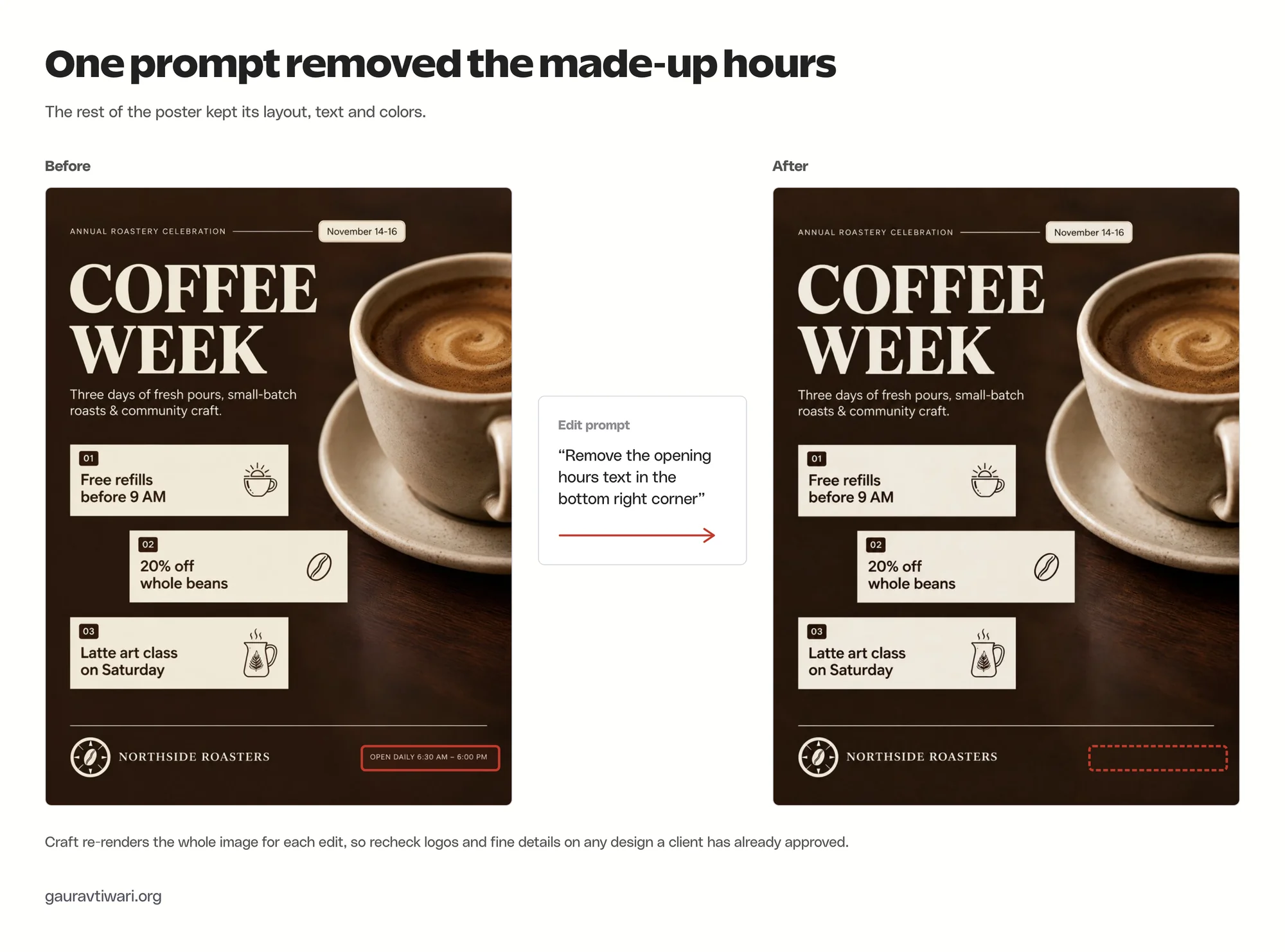 The Coffee Week poster before and after asking Craft to remove the opening hours