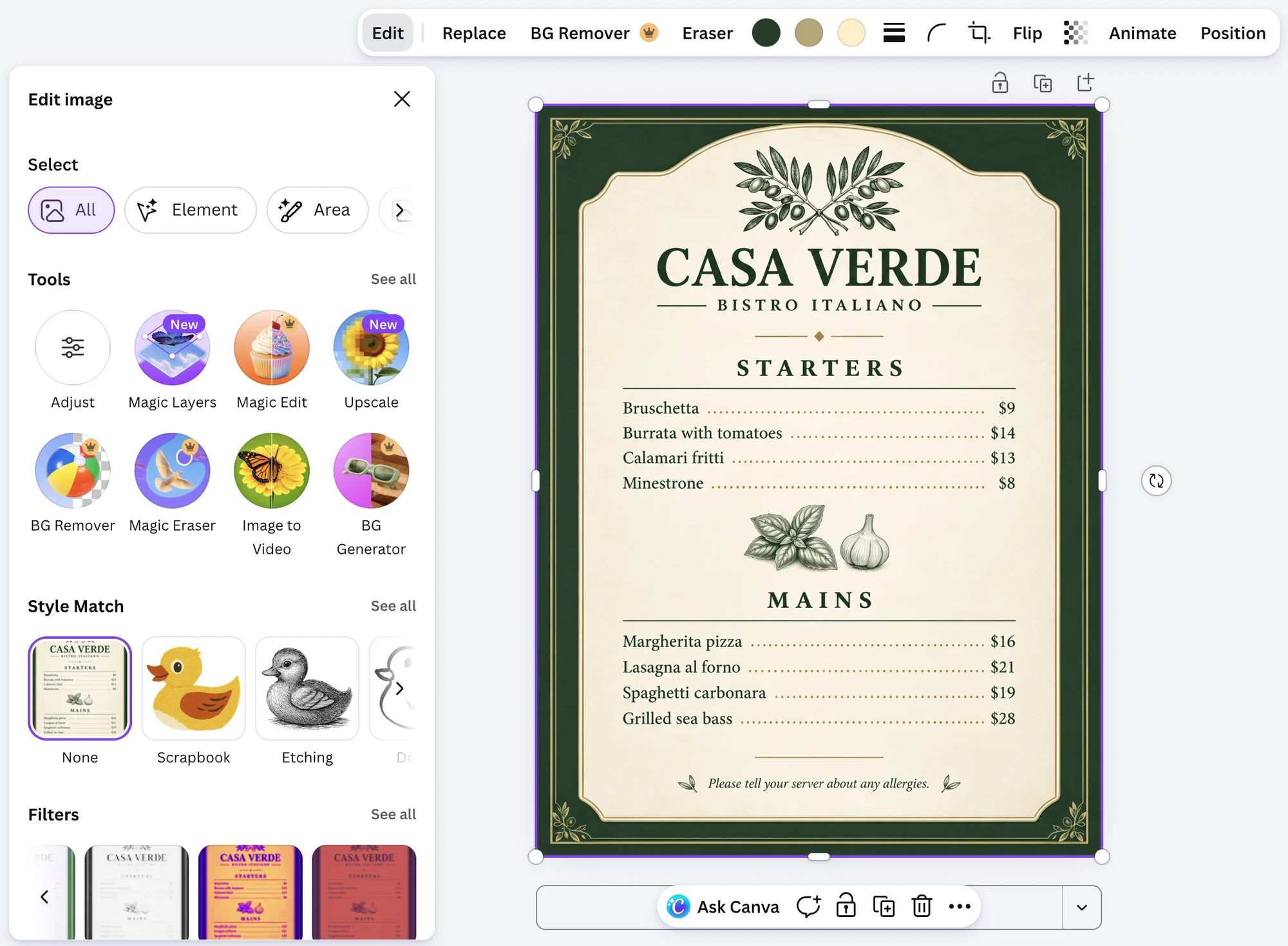 Canva's image tools for a Craft image, including Magic Layers and Upscale