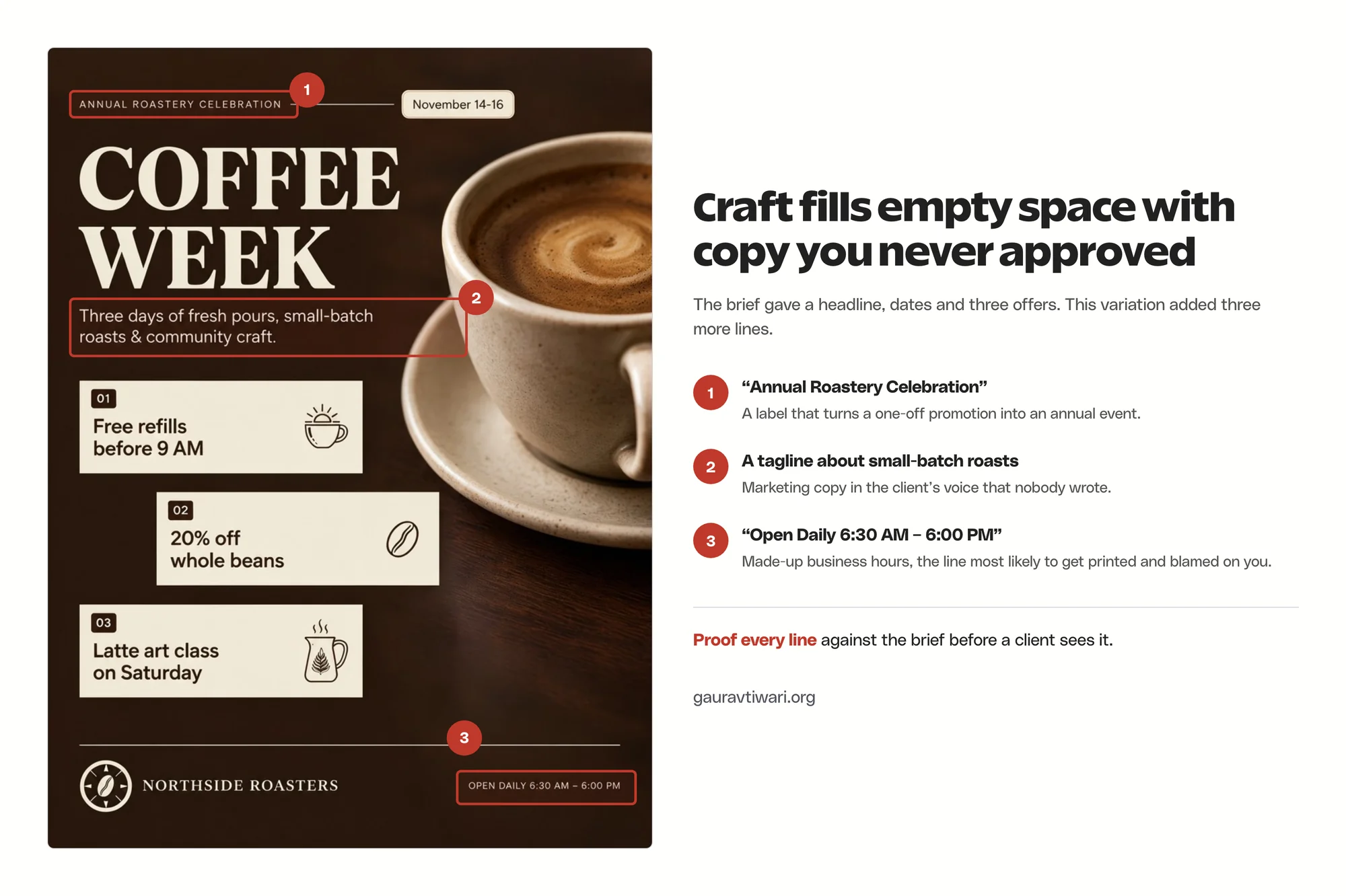 Canva Craft added opening hours and a tagline that were not in the brief