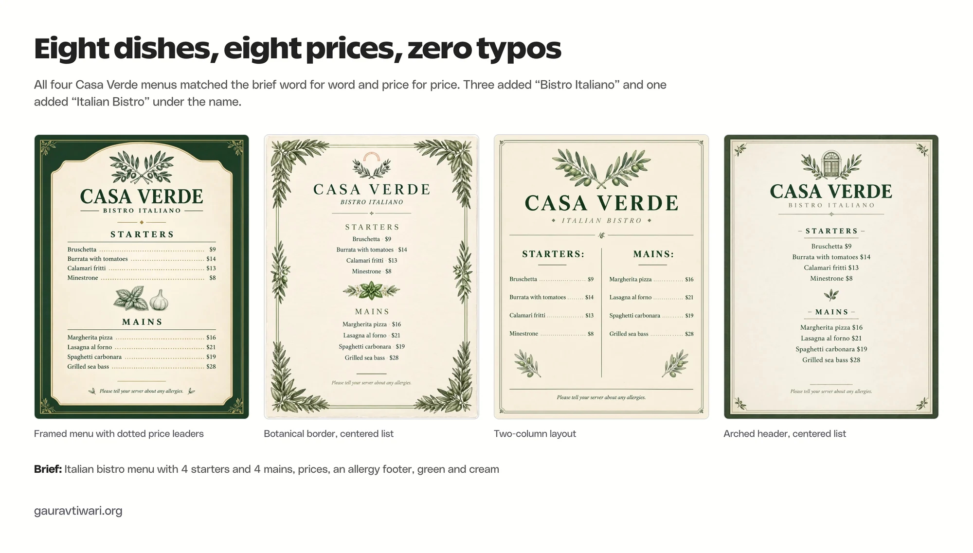 Four Canva Craft variations of the Casa Verde menu