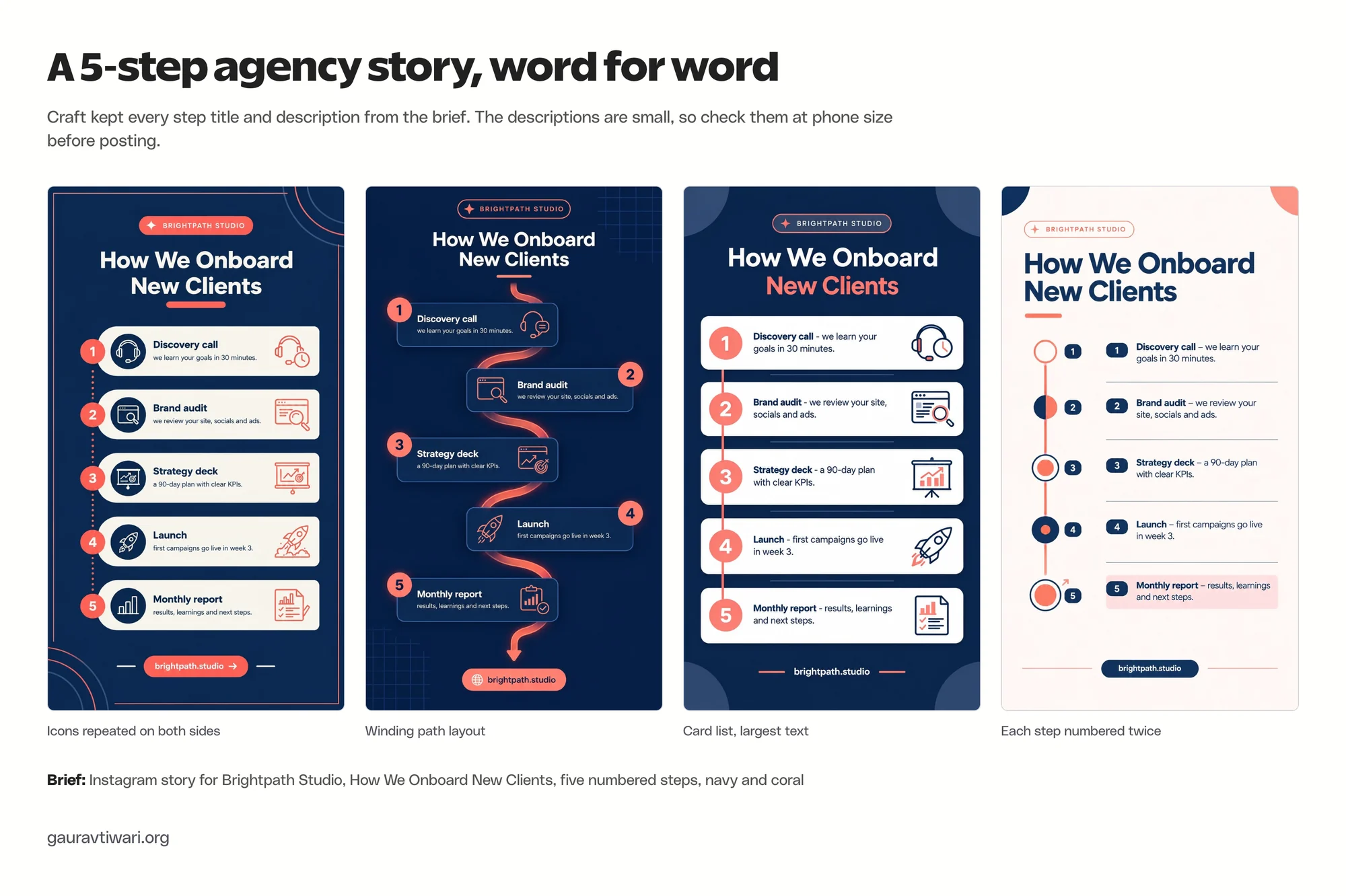 Four Canva Craft variations of a 5-step agency onboarding Instagram story
