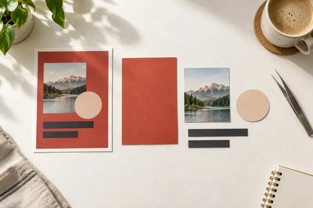 A poster printed as one flat sheet beside the same poster split into separate pieces: background card, photo, circle and two text strips