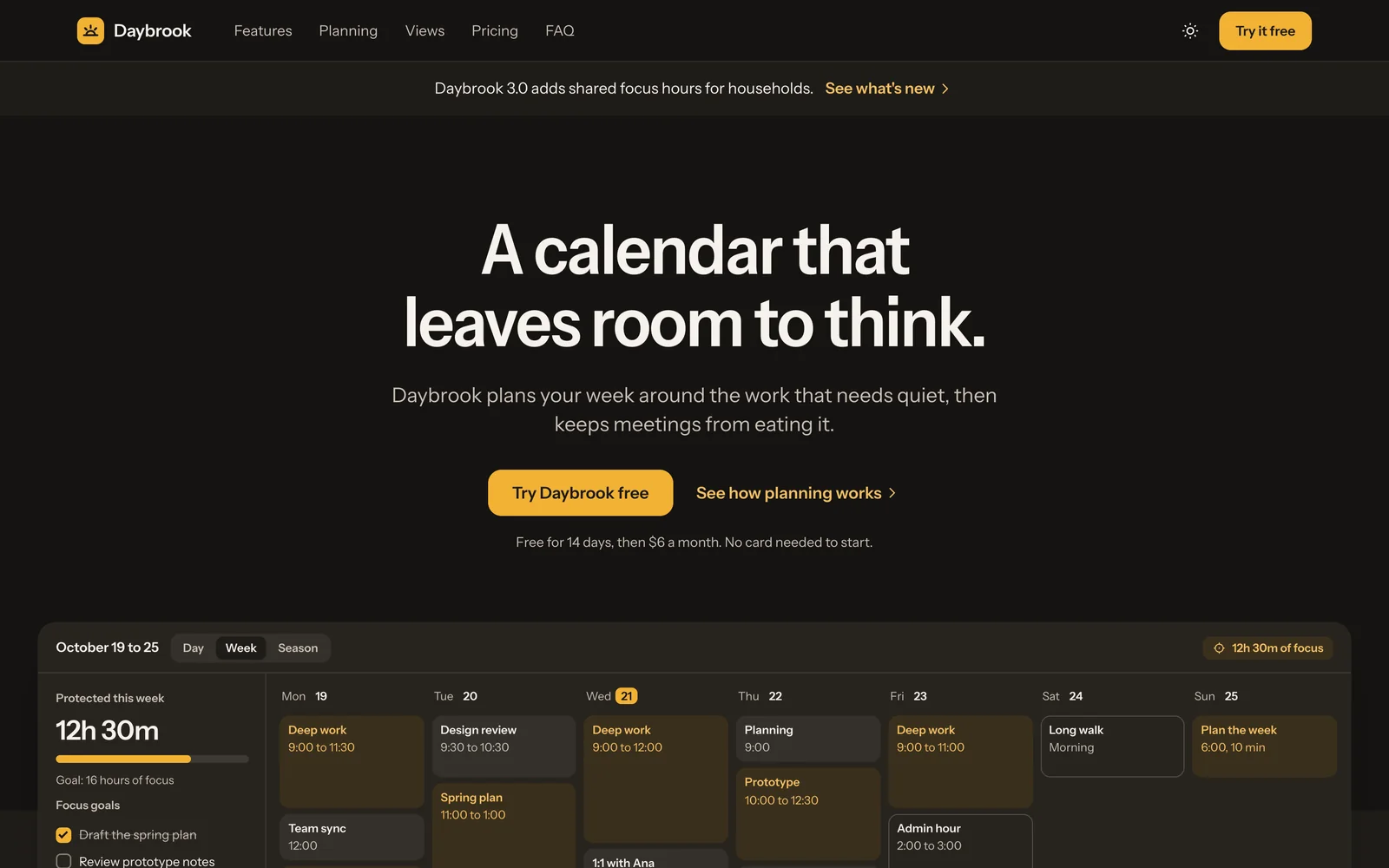Canvas demo page in dark mode, with the warm dark canvas and the week view mock.