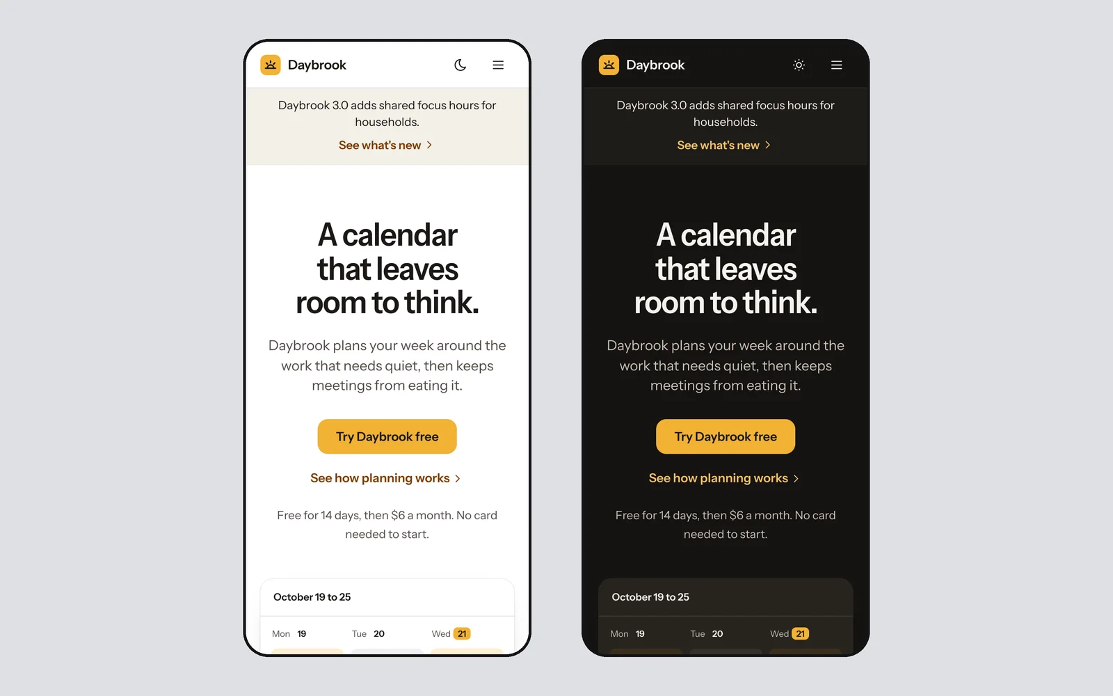 Canvas demo page at phone width, shown side by side in light and dark mode.