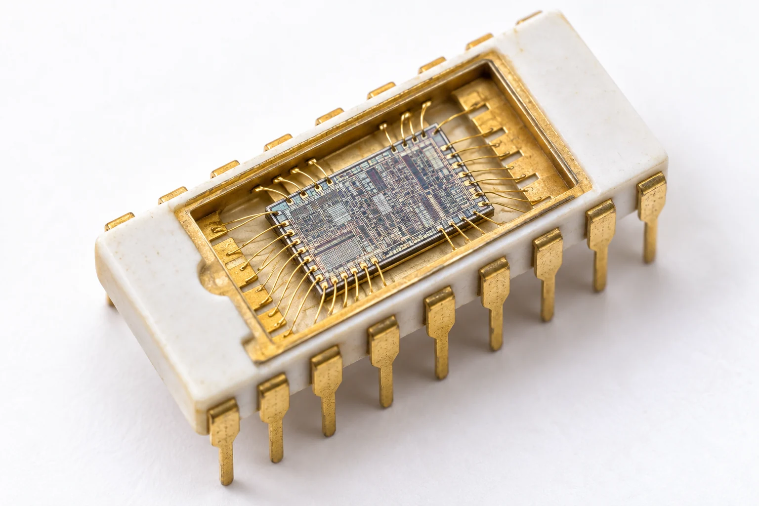 White ceramic dual in-line chip package with gold legs, open to show a small silicon die covered in circuitry and connected to the package by fine gold bond wires.