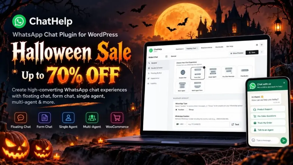 ChatHelp Halloween sale banner advertising up to 70% off.