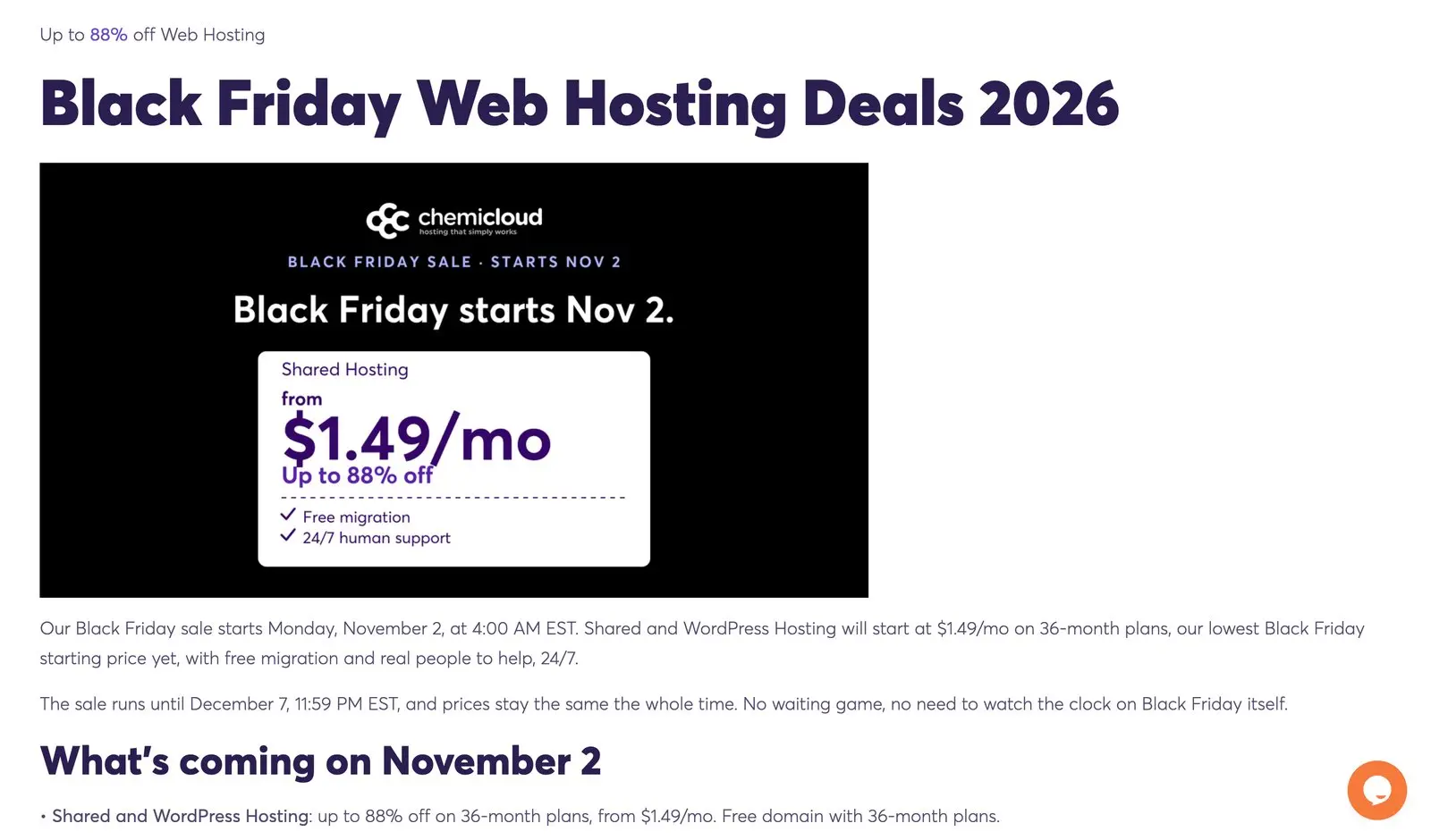 ChemiCloud Black Friday Web Hosting Deals 2026 page: sale starts November 2 at 4 AM EST, Shared and WordPress Hosting from $1.49 a month on 36-month plans, runs until December 7