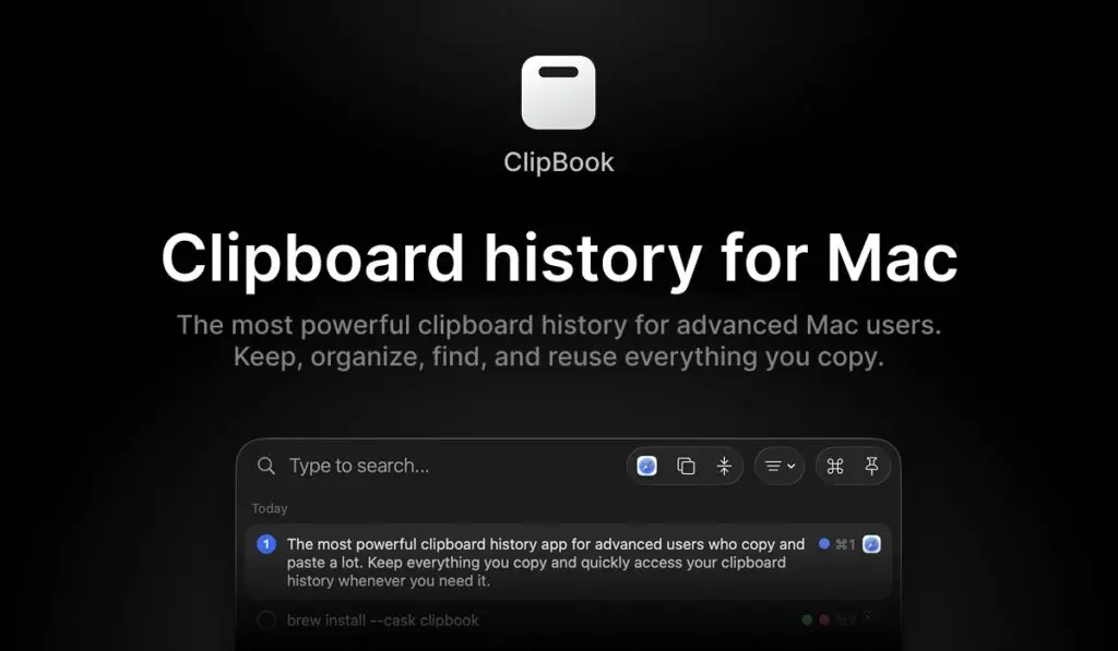 ClipBook clipboard history window with search and saved items on a Mac