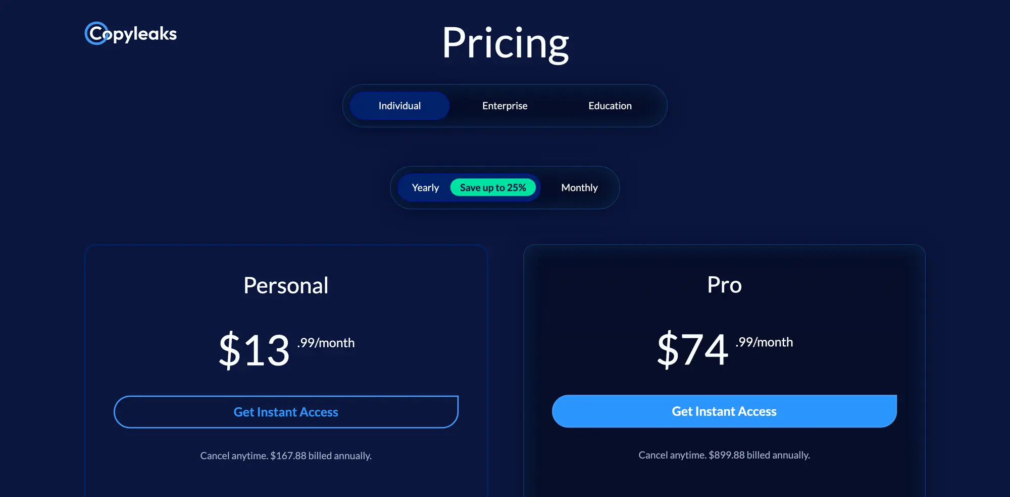 Copyleaks pricing with the Personal plan at $13.99 a month, $167.88 billed annually, and the Pro plan at $74.99 a month