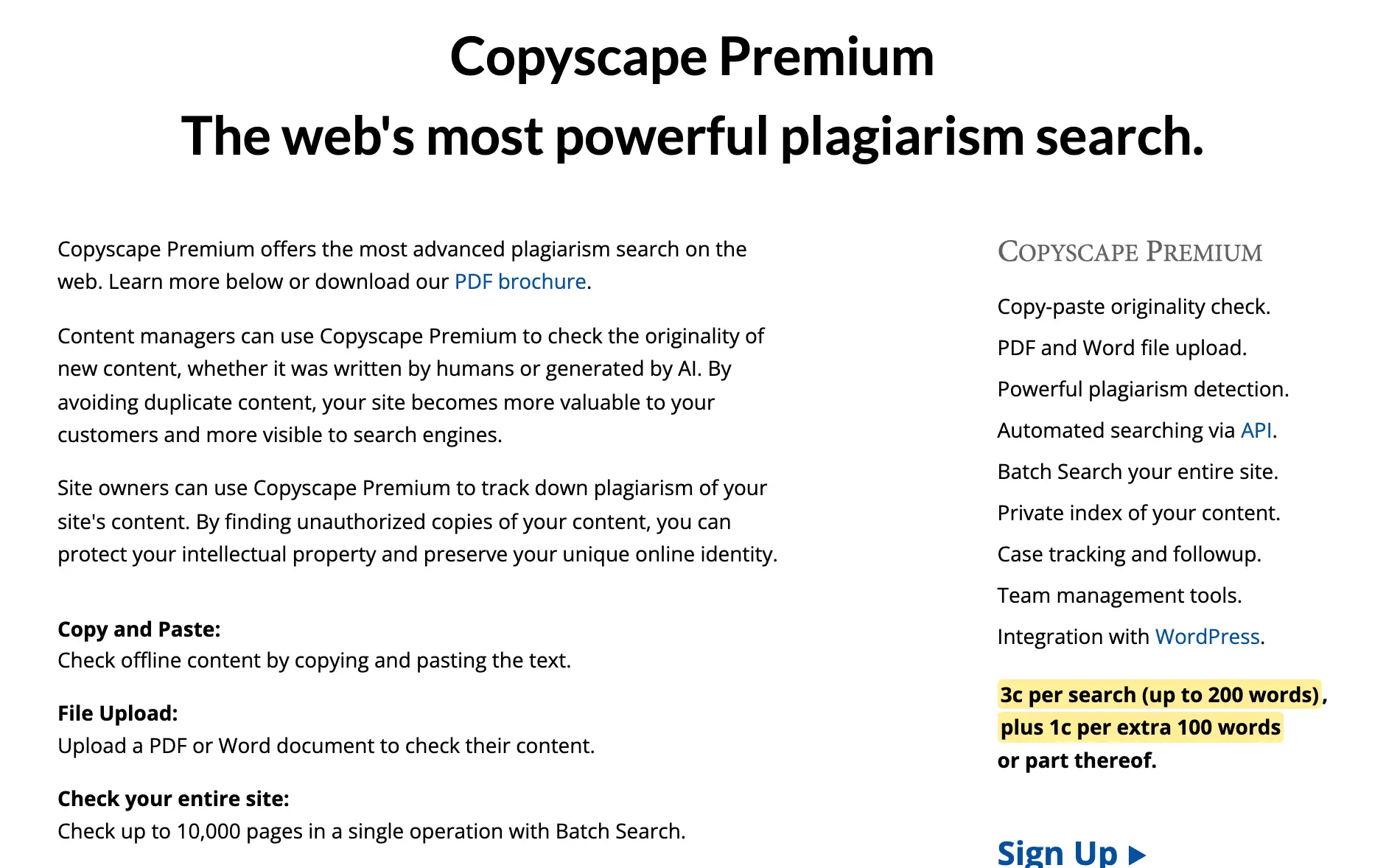 Copyscape Premium page showing pricing of 3 cents per search up to 200 words plus 1 cent per extra 100 words or part thereof