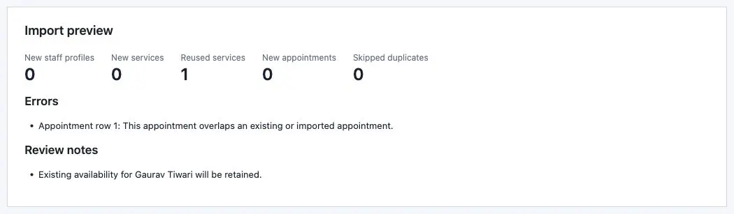 Core Bookings import preview refusing a sample appointment that overlaps an existing booking