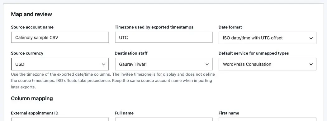 Sample CSV mapping in Core Bookings with a UTC source time zone, ISO timestamps and WordPress Consultation as the destination service