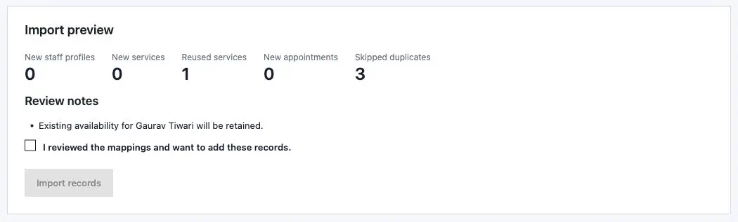 Core Bookings repeat-import preview showing no new appointments and 3 skipped duplicates