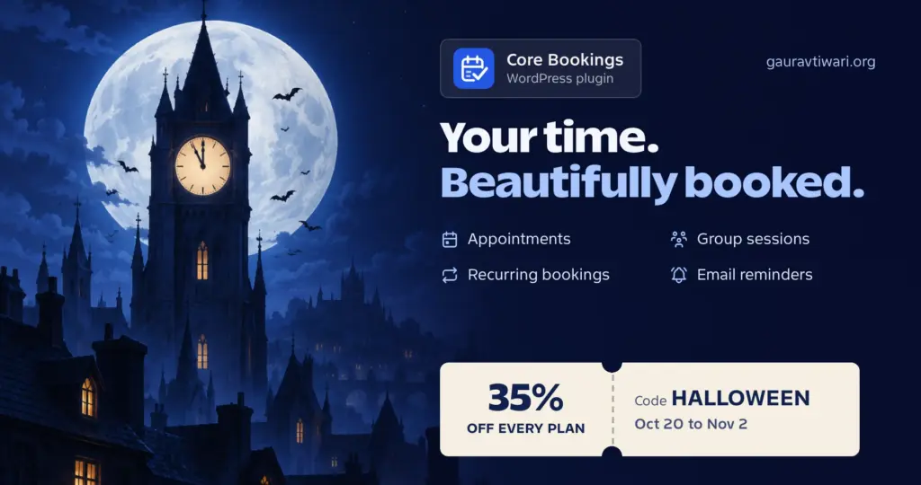 Core Bookings Halloween sale banner: appointments, group sessions and recurring bookings, 35% off every plan with code HALLOWEEN, October 20 to November 2