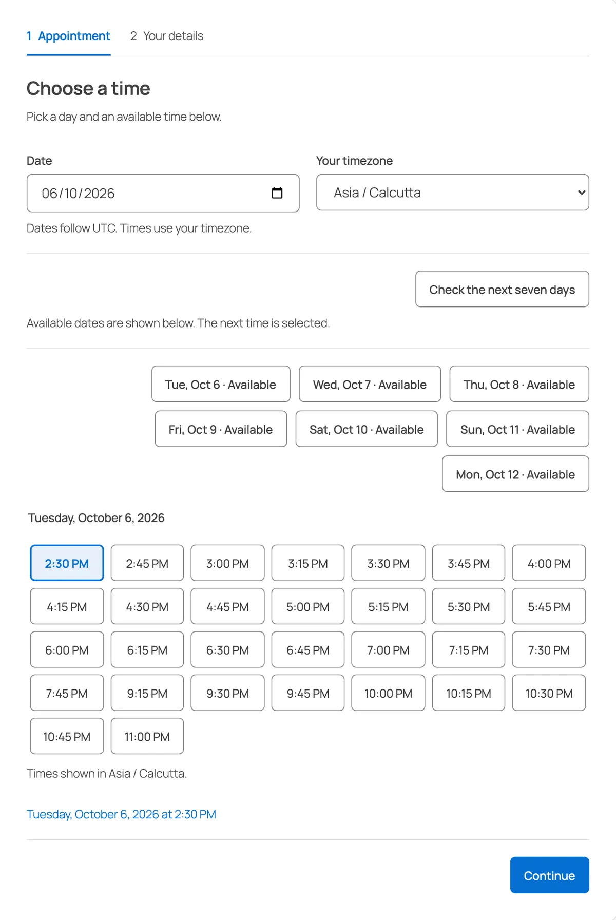 Core Bookings booking form with the next available appointment search showing open dates and 15-minute time slots in the customer's time zone