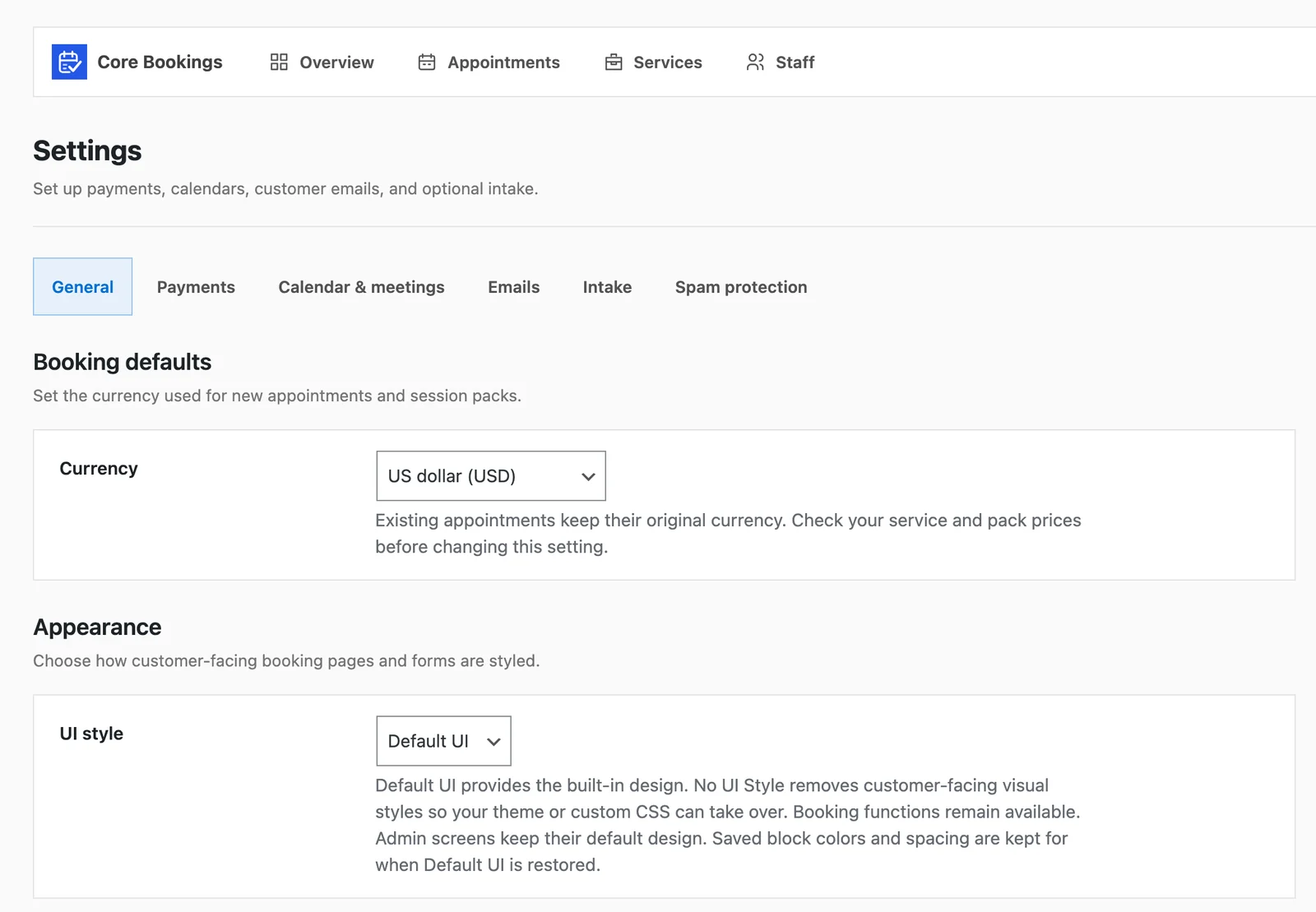 Core Bookings settings showing the UI style option with Default UI selected, plus tabs for payments, calendar and meetings, emails, intake and spam protection