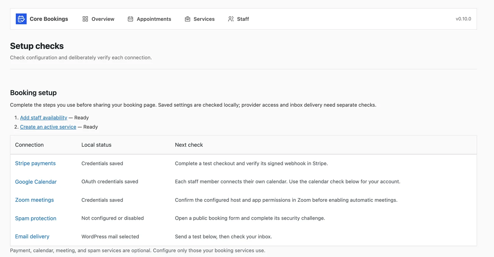 Core Bookings setup checks listing Stripe payments, Google Calendar, Zoom meetings, spam protection and email delivery with the next check for each connection