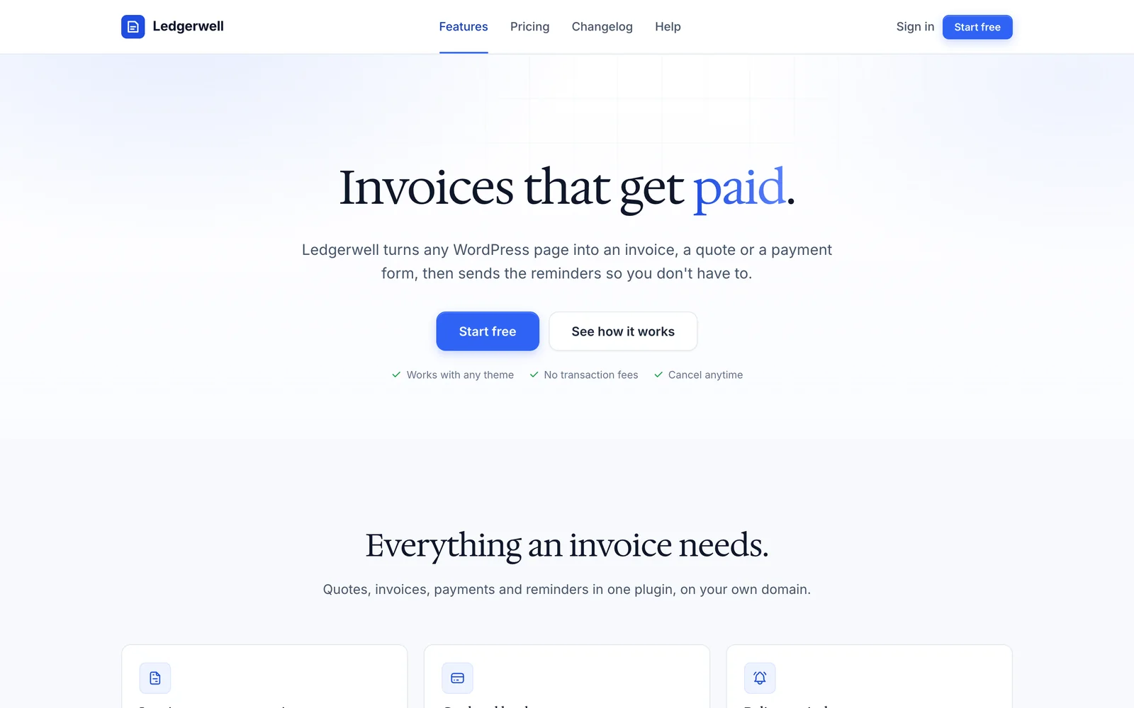 Core Forms Design System demo page: a serif headline for a sample invoicing plugin called Ledgerwell, with blue and white buttons and a row of checks.