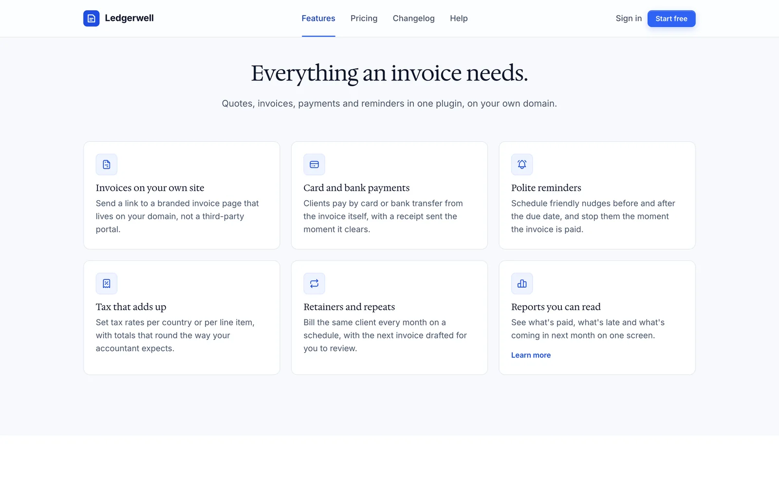 Core Forms feature grid: six white cards with blue icon tiles on a lightly tinted band.
